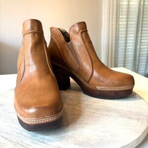 Korks Women's Platform Ankle Boots Brown Leather Chunky Heel Slip On Booties 7.5